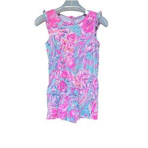 Lilly Pulitzer Girls Size XL 12 14 Pink Aqua Floral Cotton Romper Pockets